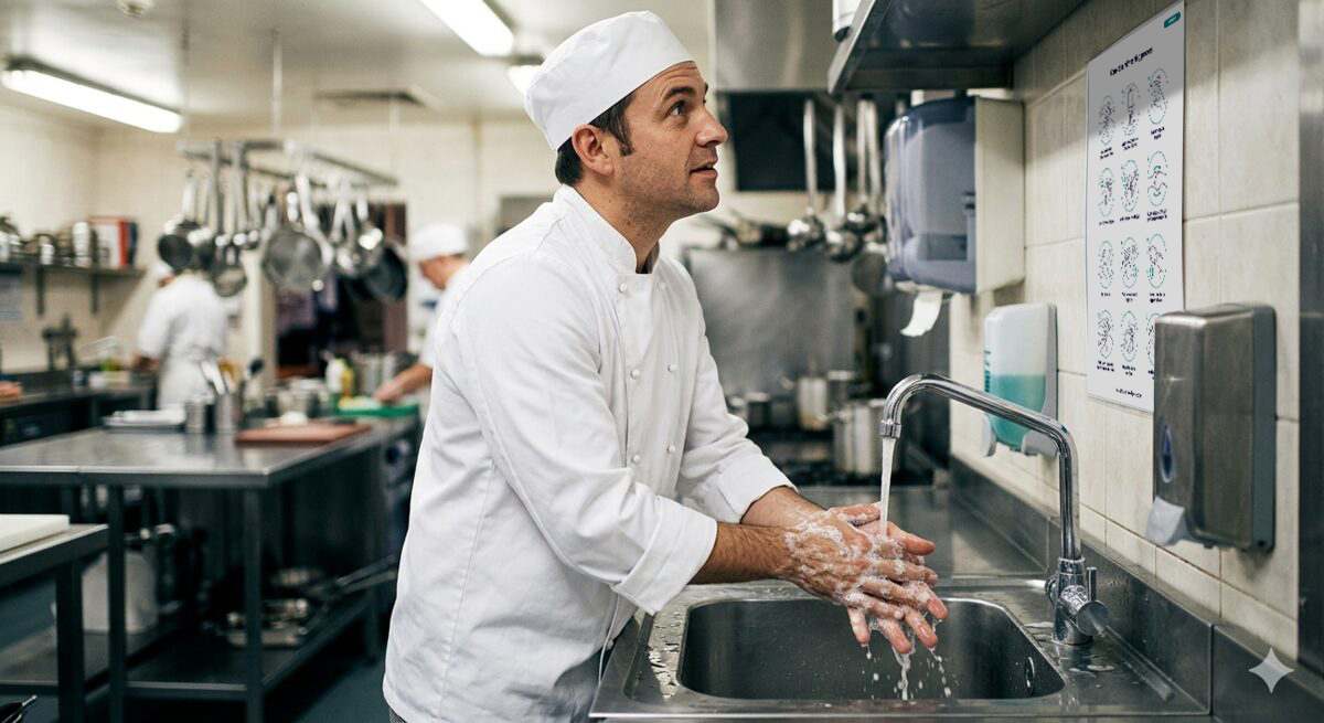 A chef in whites washing their hands at a stainless-steel kitchen hand-wash sink with lathered, interlaced fingers, following the correct hand washing poster on the wall.